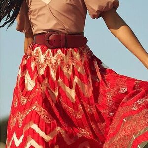 Anthropologie Red and White Pleated Midi Skirt